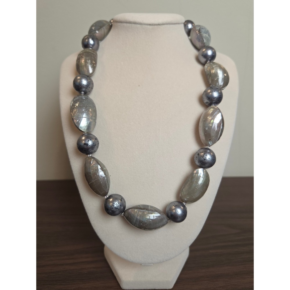 Grey Iridescent Shell Bead Statement Necklace Gunmetal Metallic Chunky